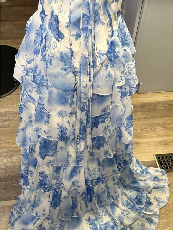 Blue & White Floral Ruffled Prom Dress - Image 4
