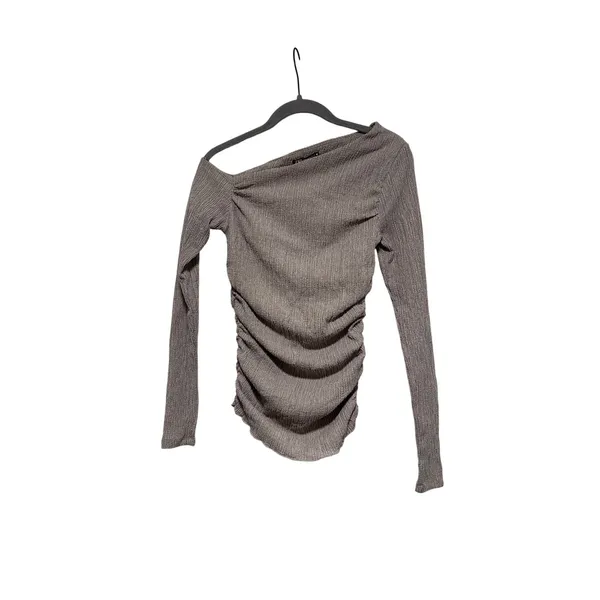 Zara Taupe Ruched Long Sleeve Off Shoulder Top M - Image 2