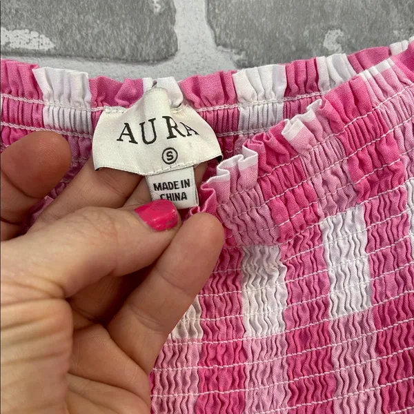 Aura Pink Gingham Puff Sleeve Midi‎ Dress Women’s Size Small - Image 4