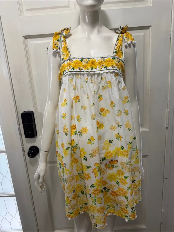 FARM Rio 100% Cotton Azaleia Yellow Floral Tie Straps Mini Dress Size Large - Image 3