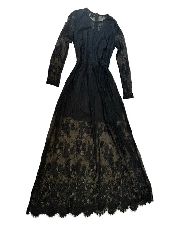 Womens Black Lace Maxi Dress Flowy Goth Witchy Evening Party Dark Romance - Image 2