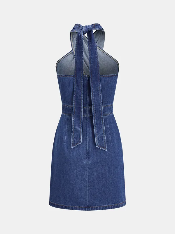 Commence Cross-Front Halter Neck Denim Mini Dress size XS NEW - Image 2