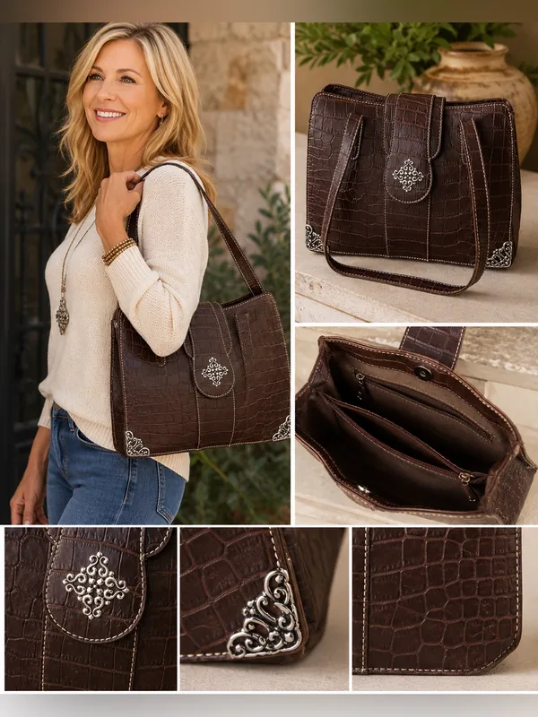 Embellished Croc Embossed Brown Shoulder Bag Silver Accent Purse - Image 2