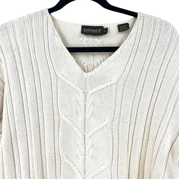 Timberland Vintage Y2K S Women's V-neck cable-knit sweater Cream Fisherman - Image 3