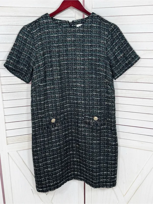Loft Tweed Front Pocket Shift Dress Black Teal Size 4 Preppy Office Retro Boucle - Image 9