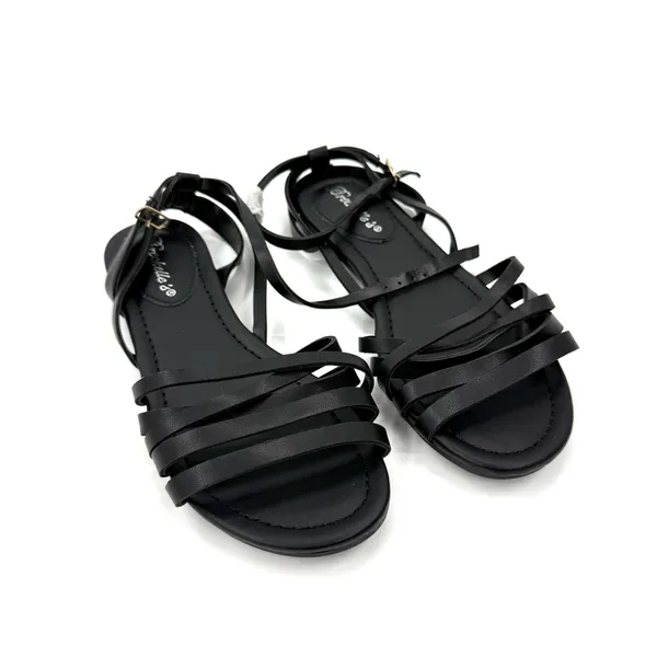 Black Strappy Flat Sandals With Ankle Buckle Casual Summer Comfort Style Designs - Image 2