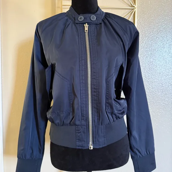 Free People Midnight Bomber Jacket Full Zip Sateen Navy Blue size Small - Image 2