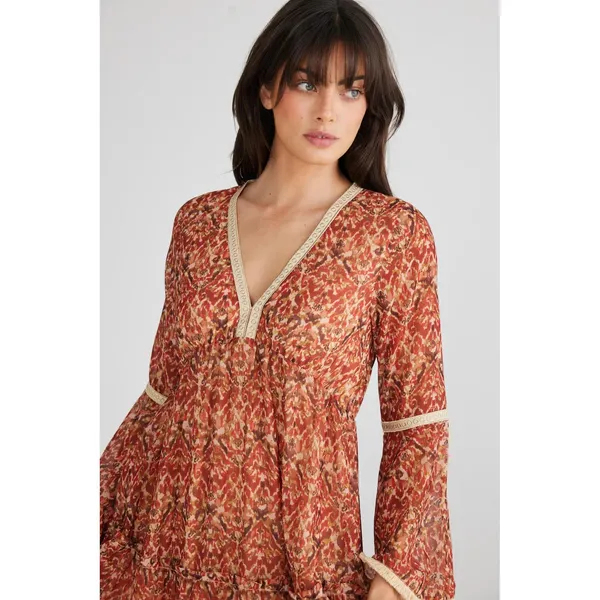 Talisman Boho Maxi Dress XL‎ Orange Terracotta Paisley Bell Sleeve Festival Gown - Image 2
