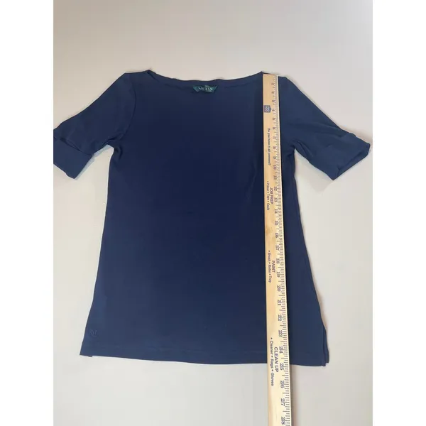 Lauren Ralph Lauren Top Navy Blue Cotton Half Sleeve Embroidered Logo Size M - Image 4