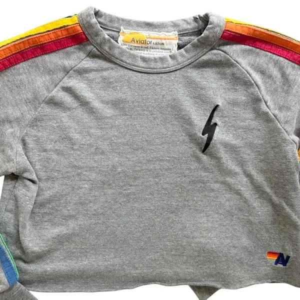 Aviator Nation Bolt Rainbow Stripe Cropped Classic Sweatshirt Size Small Grey - Image 3