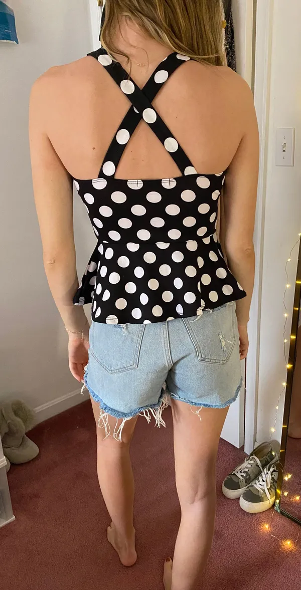 Black With White Polka Dot Peplum Top Size XS - Image 3