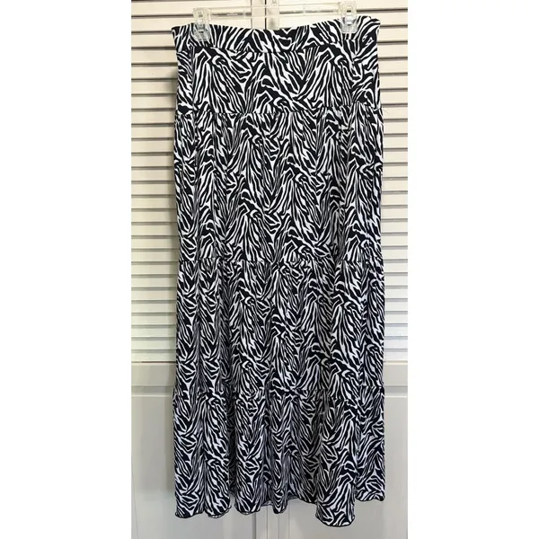Style & Co Zebra Print Maxi Skirt A-line Size M Elastic/Tie Waist Blk/Wh‎ Tiered - Image 5