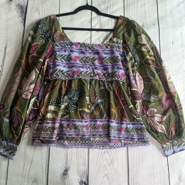 Farm Rio Blouse Top XS Green Jungle Fairy Boho Botanical Tropical‎ Praire Resort - Image 16