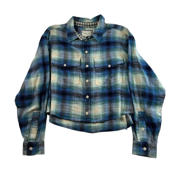 American Eagle Sz L‎ Light Flannel Shirt Cropped Boxy Oversized Plaid Button Up - Image 2