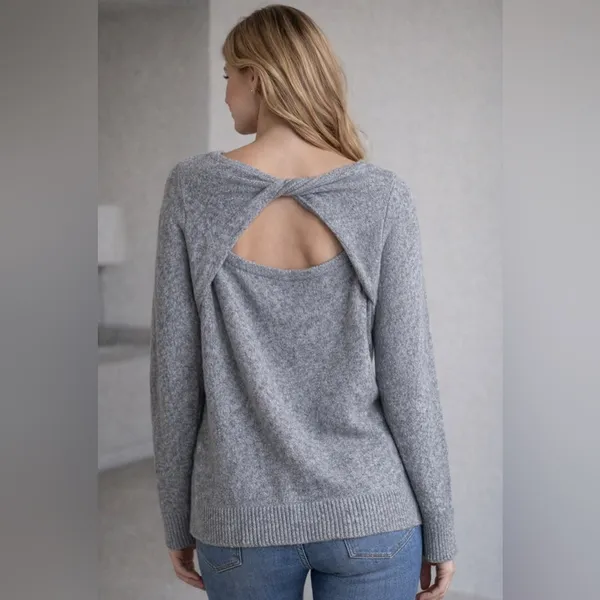 LOFT Heather Gray Ribbed Trim Cotton Blend Knit Sweater. Size-Medium - Image 2