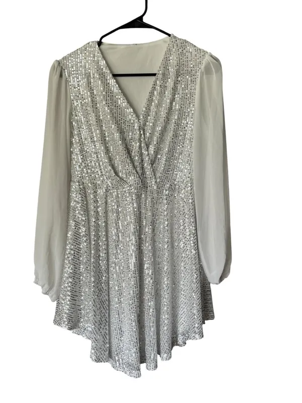Women White Sequin Mini V Neck Loose Dress - Image 2