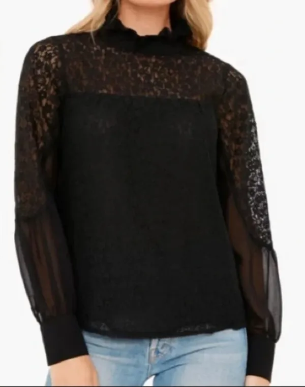 Tuckernuck Lace High Neck Sheer Balloon Sleeve Blouse Sheer Black Size Small - Image 2