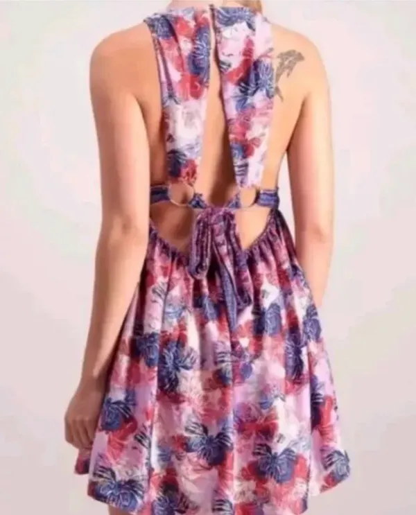 Free People Size MED Purple Tropical Daydream Mini Dress Feather Peacock Print - Image 2