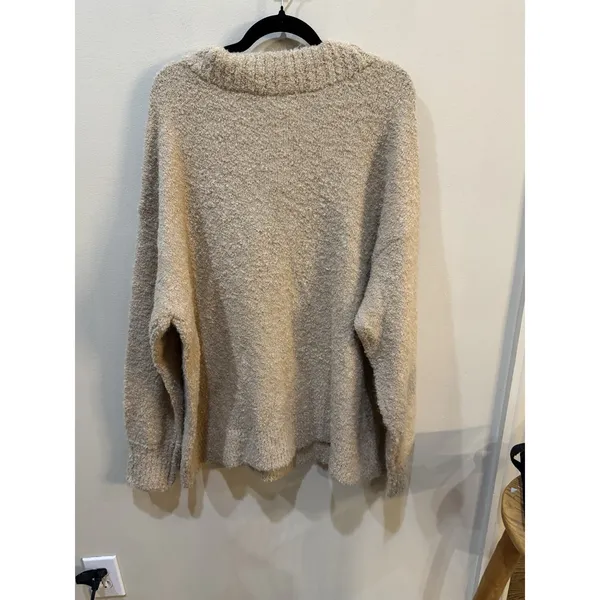 New Aerie Fuzzy Plush Teddy Oversized V-Neck Sweater Women's Size XL Tan Cozy - Image 3