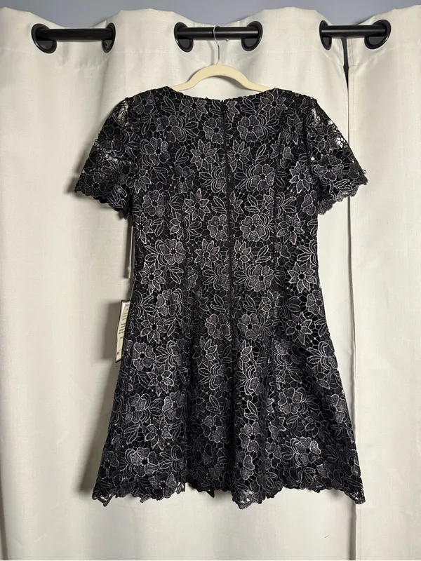 Eliza J Petite Black and Silver Square Neck Lace Fit and Flare Dress Size 10 P - Image 7