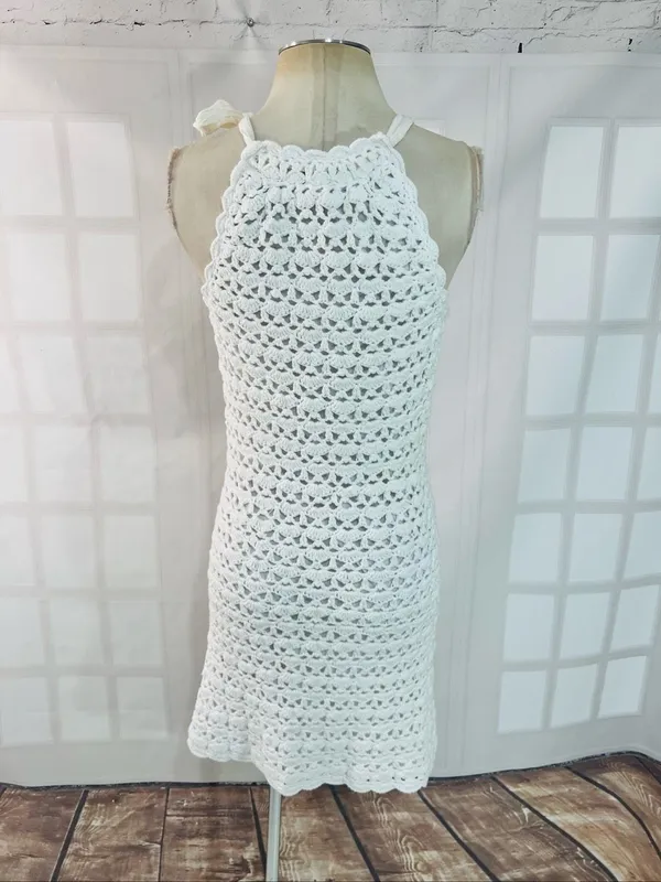 Lilly Pulitzer White Crochet Halter Tie Neck Cotton Midi Sheath Dress Size Small - Image 5