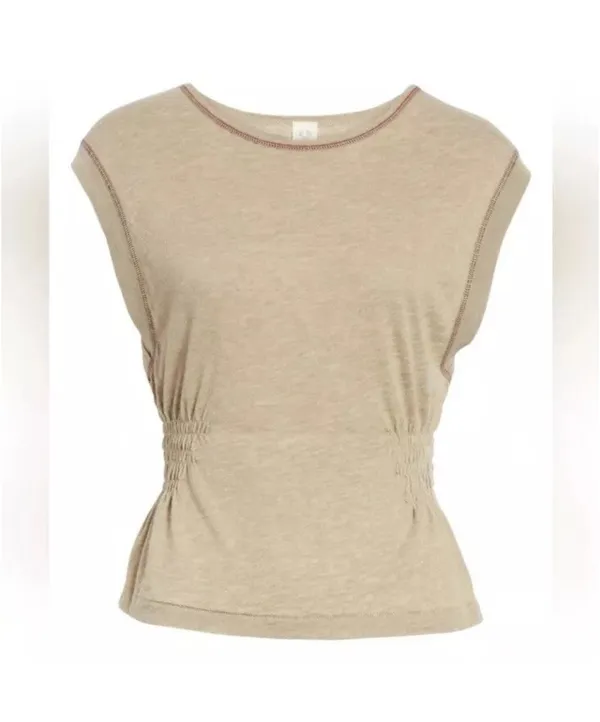 Free People We The Free Cinch Me Tee Top Khaki Beige Ruched Waist Size M Cotton - Image 4