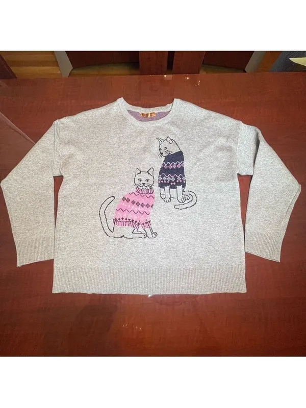 Beldini Double Knit Novelty Cat sweater from Grey kitties graphic design Sz L - Image 3