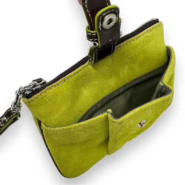 Levenger Wristlet Wallet Lime Green Suede with Brown Leather Trim and Buckle - Image 3