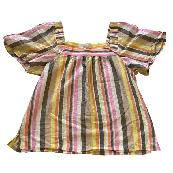 LOFT Women Lg Pink Orange Yellow Striped Square Neck Flutter Sleeve Cotton Top - Image 3