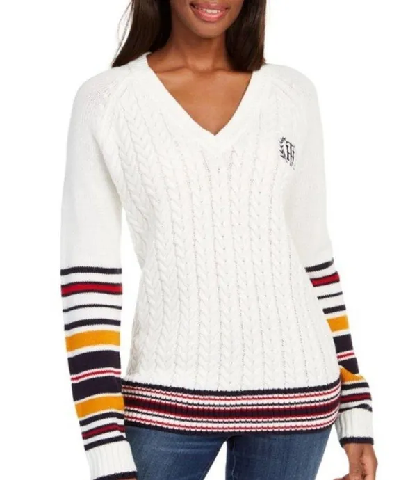 Tommy Hilfiger Sweater Ivory V-Neck Varsity Cable Knit Pullover Size L MSRP $79 - Image 7