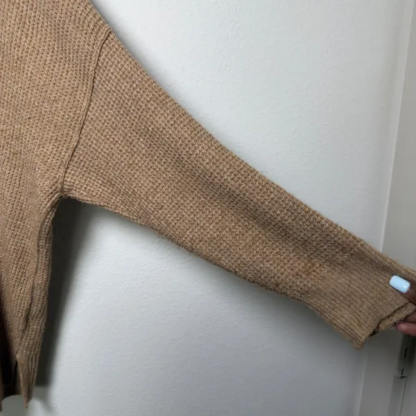 Aerie Women‎ Cozy Up Waffle Sweater Medium Tan Oversized Crewneck - Image 2