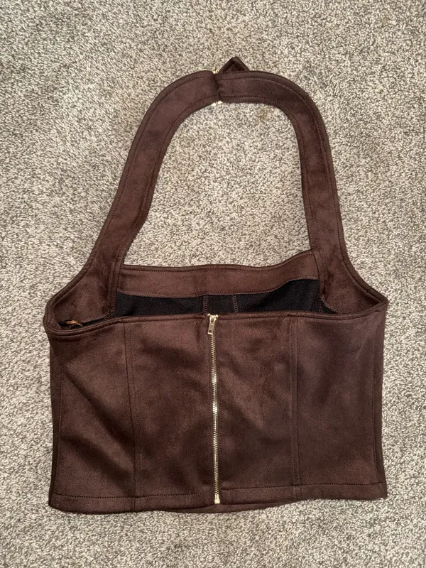 Sincerely Jules Brown Faux Suede Halter Corset Top - Image 2