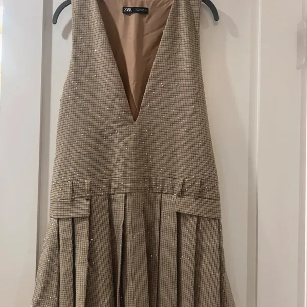 Zara Brown Plaid Pleated Pinafore Mini Skirt Dress - Image 5