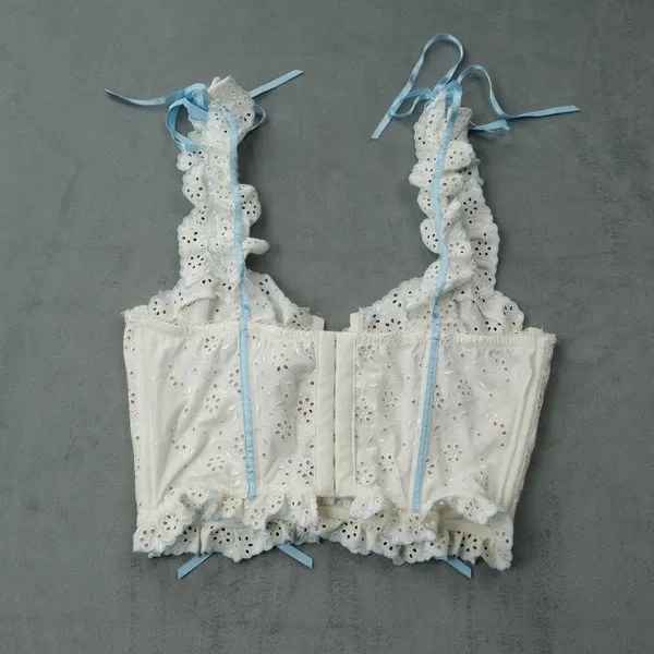For Love & Lemons Eyelet Corset Top Size M White Blue Ribbon SKBR1513-SU21 - Image 2