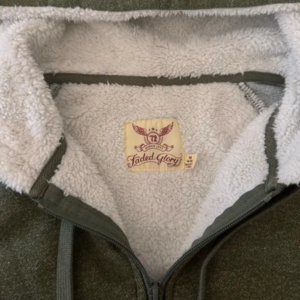 Womens Soft Fluffy Durable Olive Green Thick Zip Up Hoodie Jacket Size Medium - Image 4