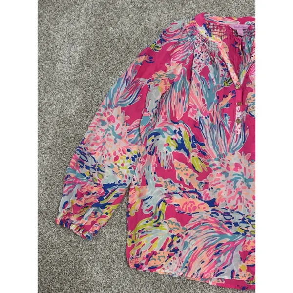 Lilly Pulitzer Elsa Silk Top Sunken Treasure Dragonfruit Print Blouse Size S - Image 3