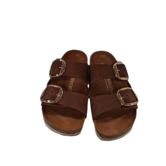 Birkenstock Arizona Big Buckle Sandals EU 38 US 7-7.5 Brown Leather Gold slide - Image 10