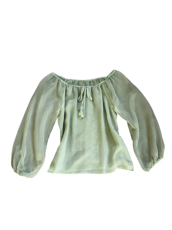 Vintage Sheer Chiffon Blouse Light Green Romantic Cottagecore Feminine Boho - Image 4