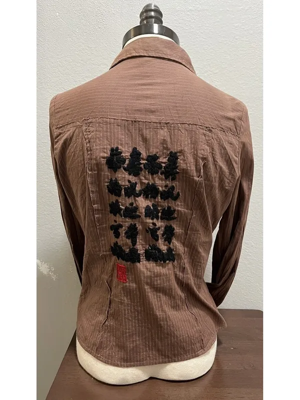 VTG Miss Me Brown Striped Button Up Blouse Sz M Embroidered - Image 3