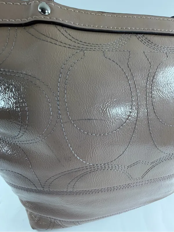 Coach Taupe Patent Leather Signature C Embossed‎ Tote Zip Shoulder Bag F15142 - Image 5