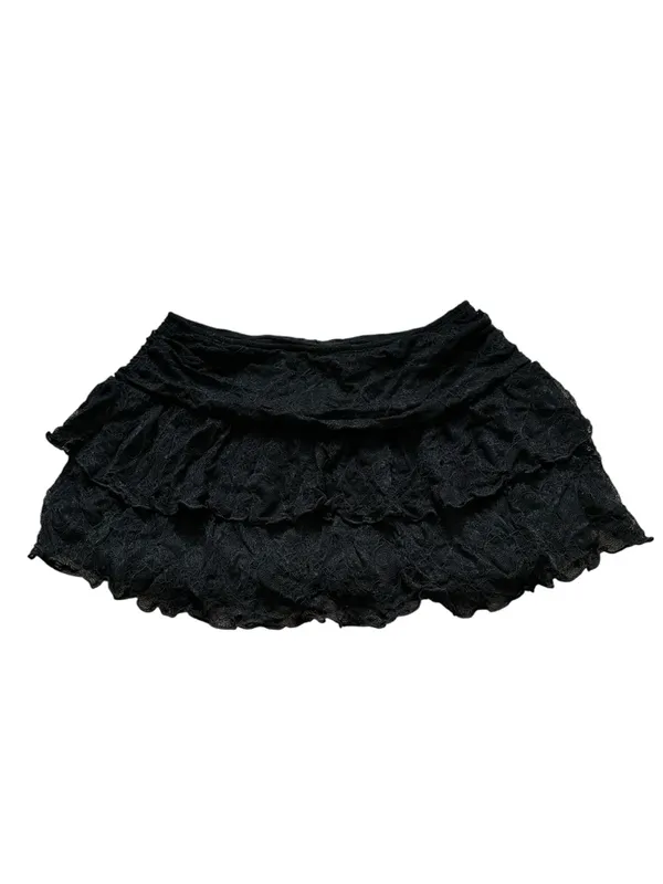 Black Lace Tiered Ruffle Mini Skirt Silver Buckle Festival Coastal Cowgirl Goth - Image 3
