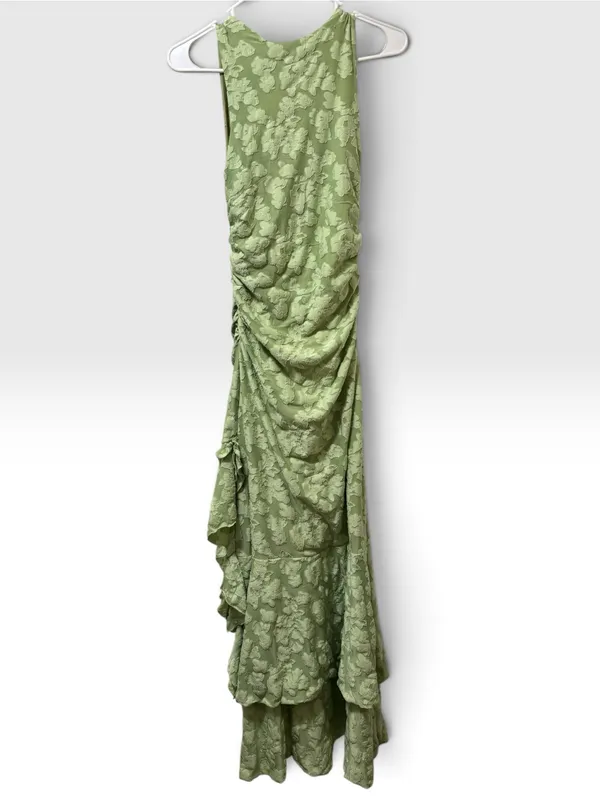 Sage Green Textured Floral Ruched Ruffle Asymmetrical Maxi Dress Size Small - Image 3