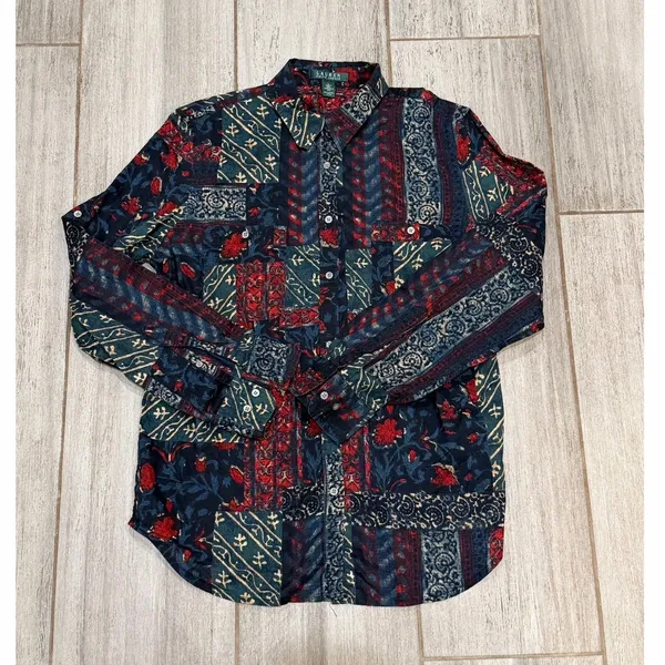 Lauren Ralph Lauren Button Up Shirt Women Navy Red Multi Patchwork Blouse Large - Image 7