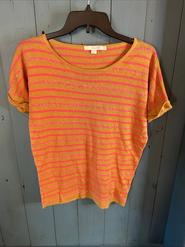 Boden Pink Sequins and Mustard Striped Short-Sleeve Knit Top | US4/UK8 - Image 6