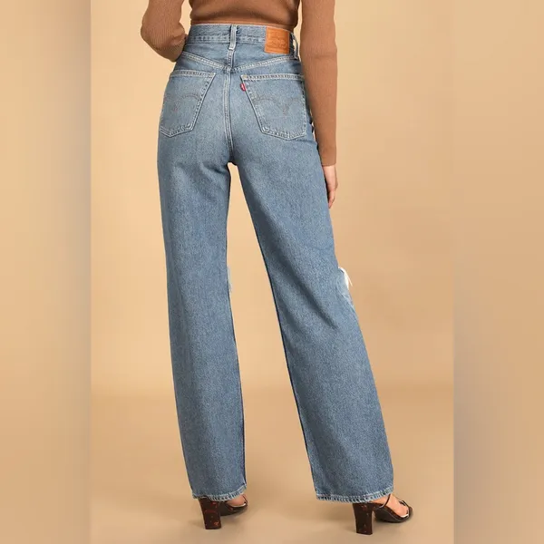 Levi's High Loose‎ Denim Distressed Wide Leg Jeans in Medium Wash Size 25 - Image 2