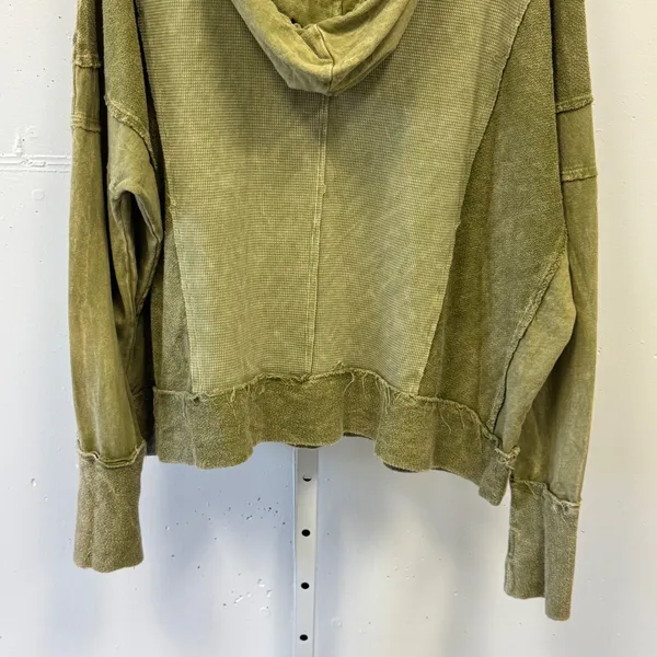 J.HER Olive Green Mixed Media Thermal Waffle Knit Hoodie Oversized Distressed Lg - Image 6