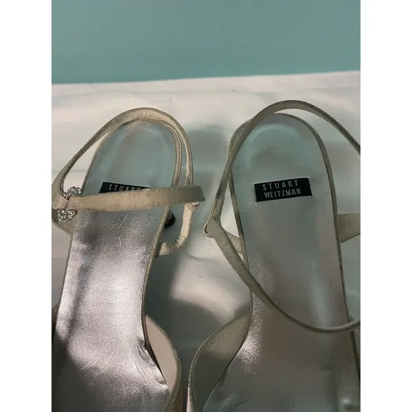Stuart Weitzman Glistening Pointed Toe Ankle Strap Heels Beige Size 7.5M S-256‎ - Image 2