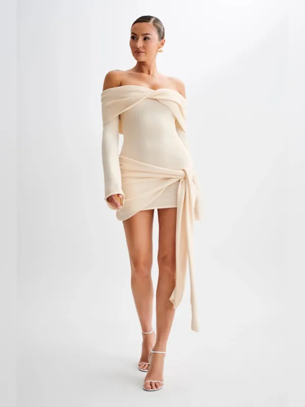 NWT‎ Meshki Camryn Off Shoulder Tie Knit Mini Dress Cream Marle Women’s Size L - Image 4