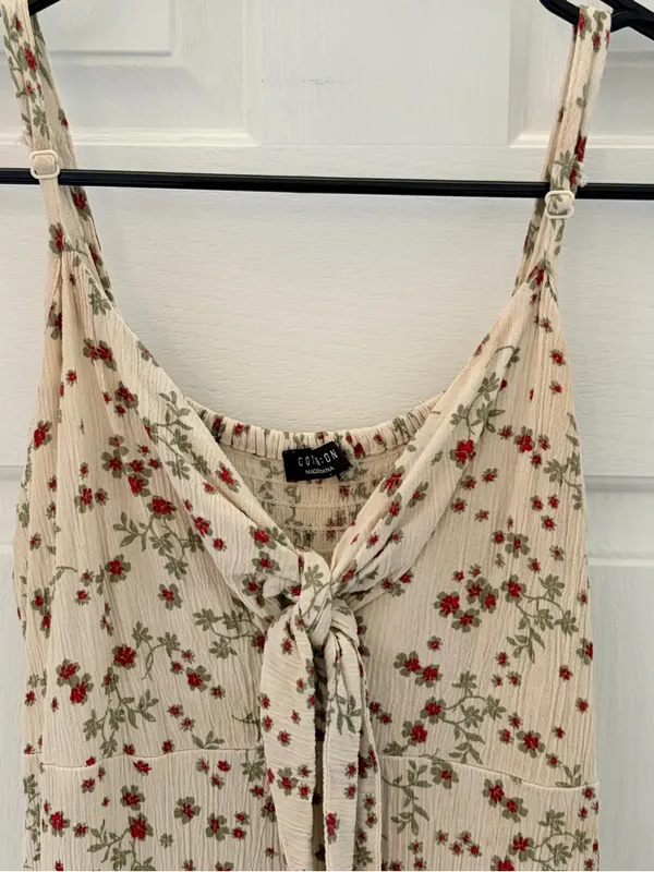 Cotton On Cream Floral Tie-Front Slip with Red & Green Print - Image 3