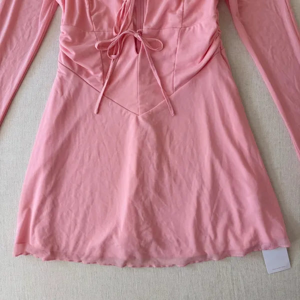 Marthea Mesh Mini Dress Womens Large Pink Tie Front Bell‎ Sleeve Coquette NWT - Image 8